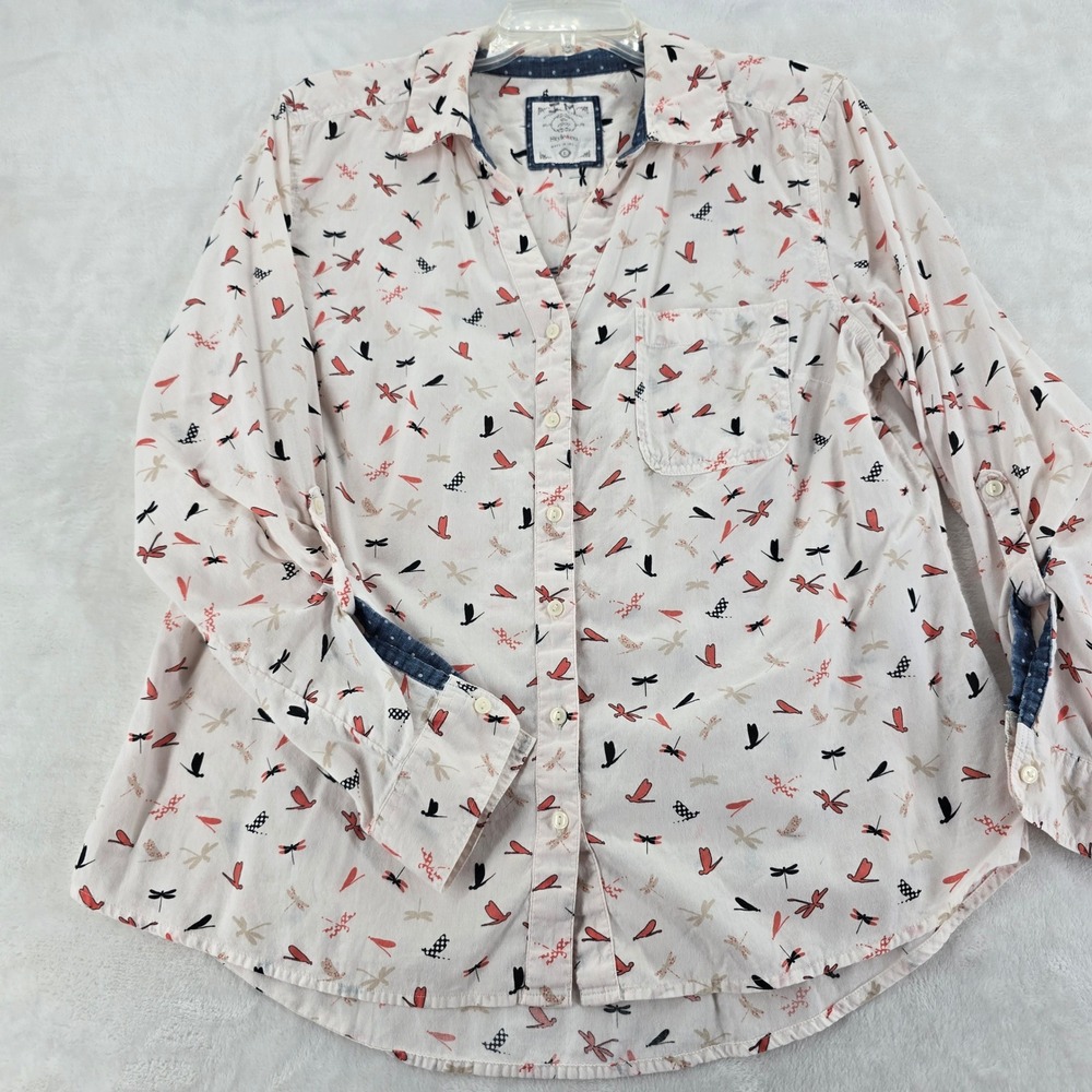 Style & Co Button Down Womens L‎ Shirt White Dragonfly Print Long Sleeve Cotton